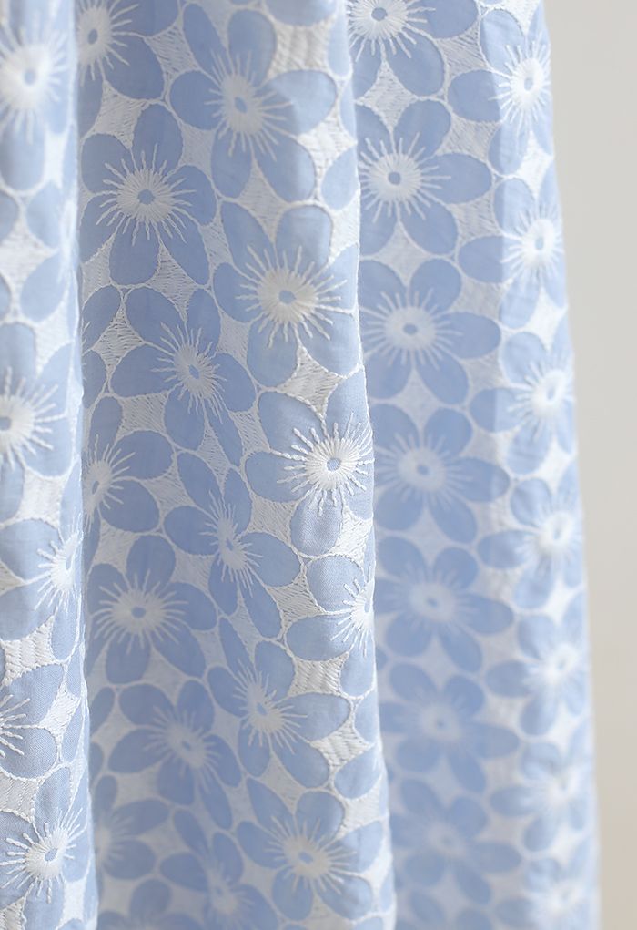 Elegant Women’s Light Blue Floral Print Midi Skirt with High Waist Elastic Band Soft Flared A Line Silhouette for Casual Office & Daily Wear