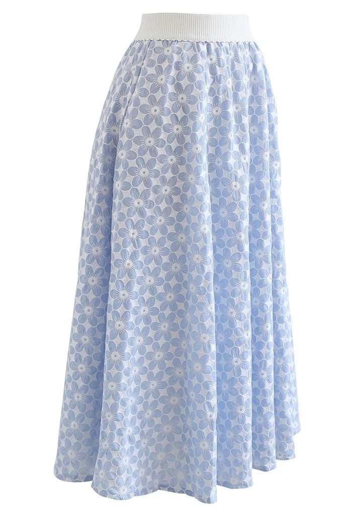Elegant Women’s Light Blue Floral Print Midi Skirt with High Waist Elastic Band Soft Flared A Line Silhouette for Casual Office & Daily Wear