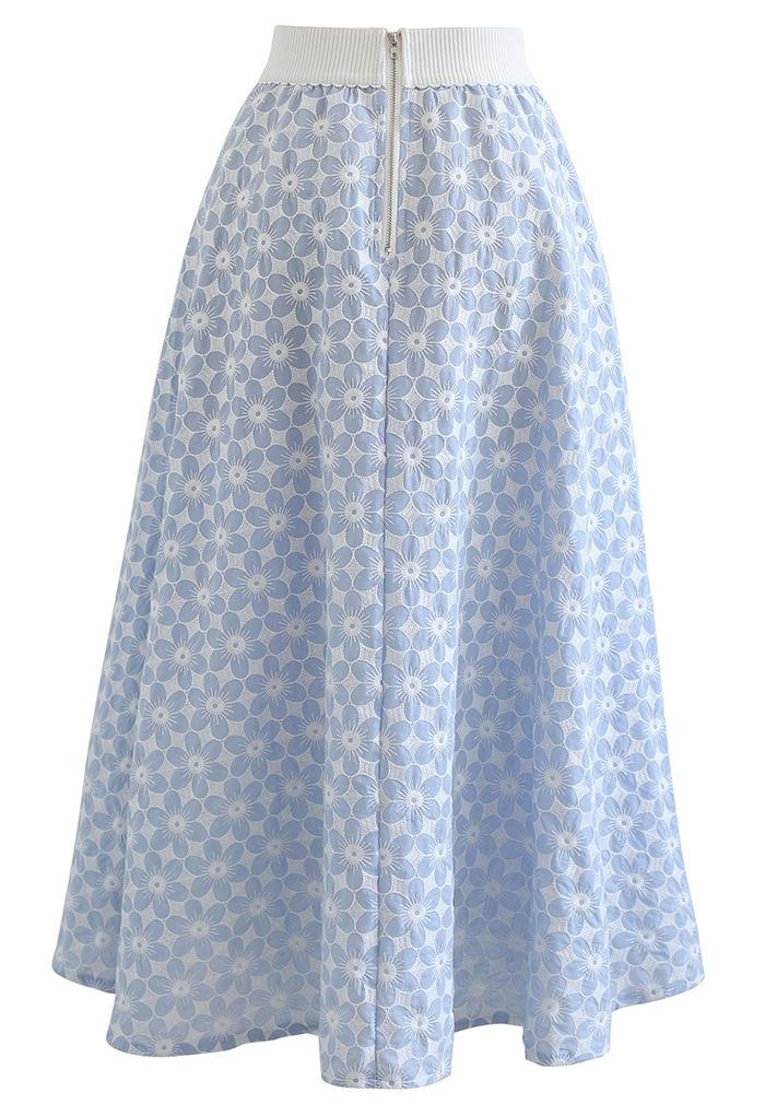 Elegant Women’s Light Blue Floral Print Midi Skirt with High Waist Elastic Band Soft Flared A Line Silhouette for Casual Office & Daily Wear