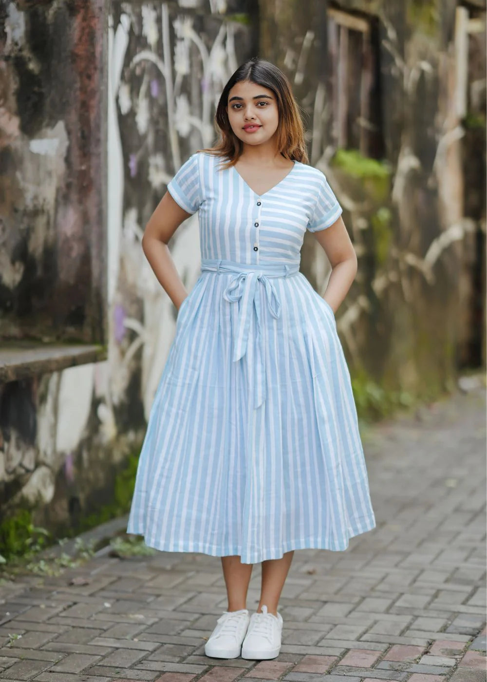 sky blue stripe dress Dockside Chic Stripe A-line Mini Dress in Light Blue S / Light Blue