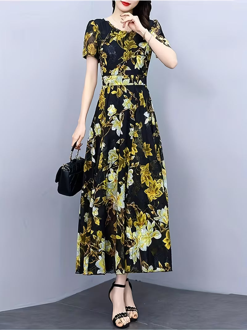 Elegant Black Chiffon Dress with Gold Foil Floral Print Dress