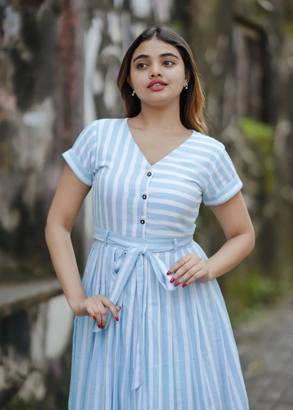 Women's Sky Blue Sea Side Striped Aline Dress