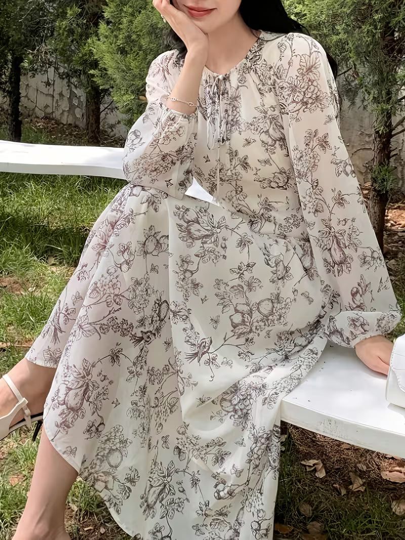 Elegant Monochrome Floral Dress with Lantern Sleeves