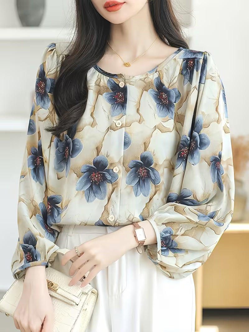 This elegant Top features a dreamy floral print with oversized blue petals, Top