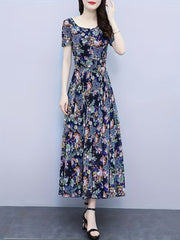 Elegant Navy Blue Botanical Floral  Dress - Fit and Flare