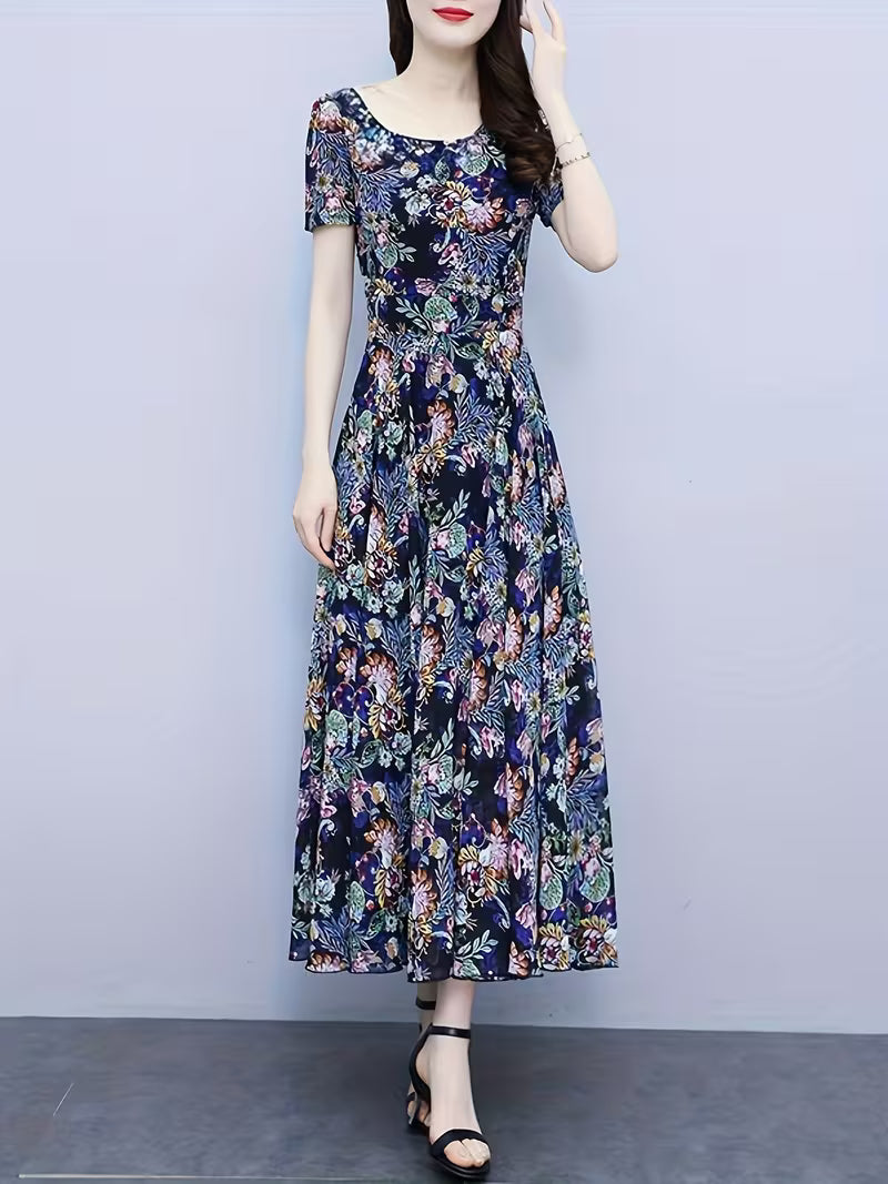 Elegant Navy Blue Botanical Floral  Dress - Fit and Flare