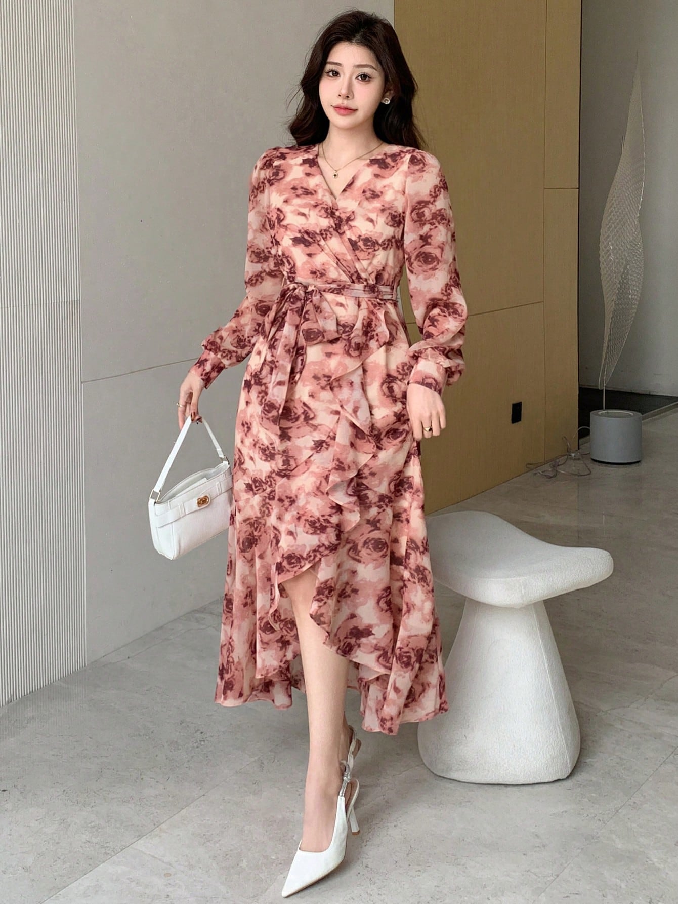 Dusty Pink Floral Slit Midi Dress with Korean Fashion Style