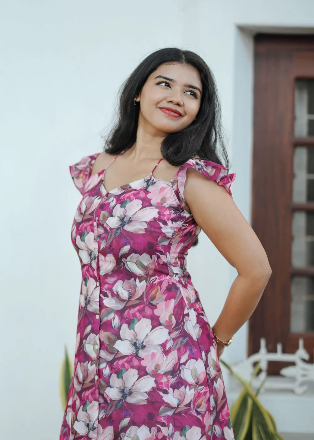 A beautiful pink &amp; multicolor floral print dress