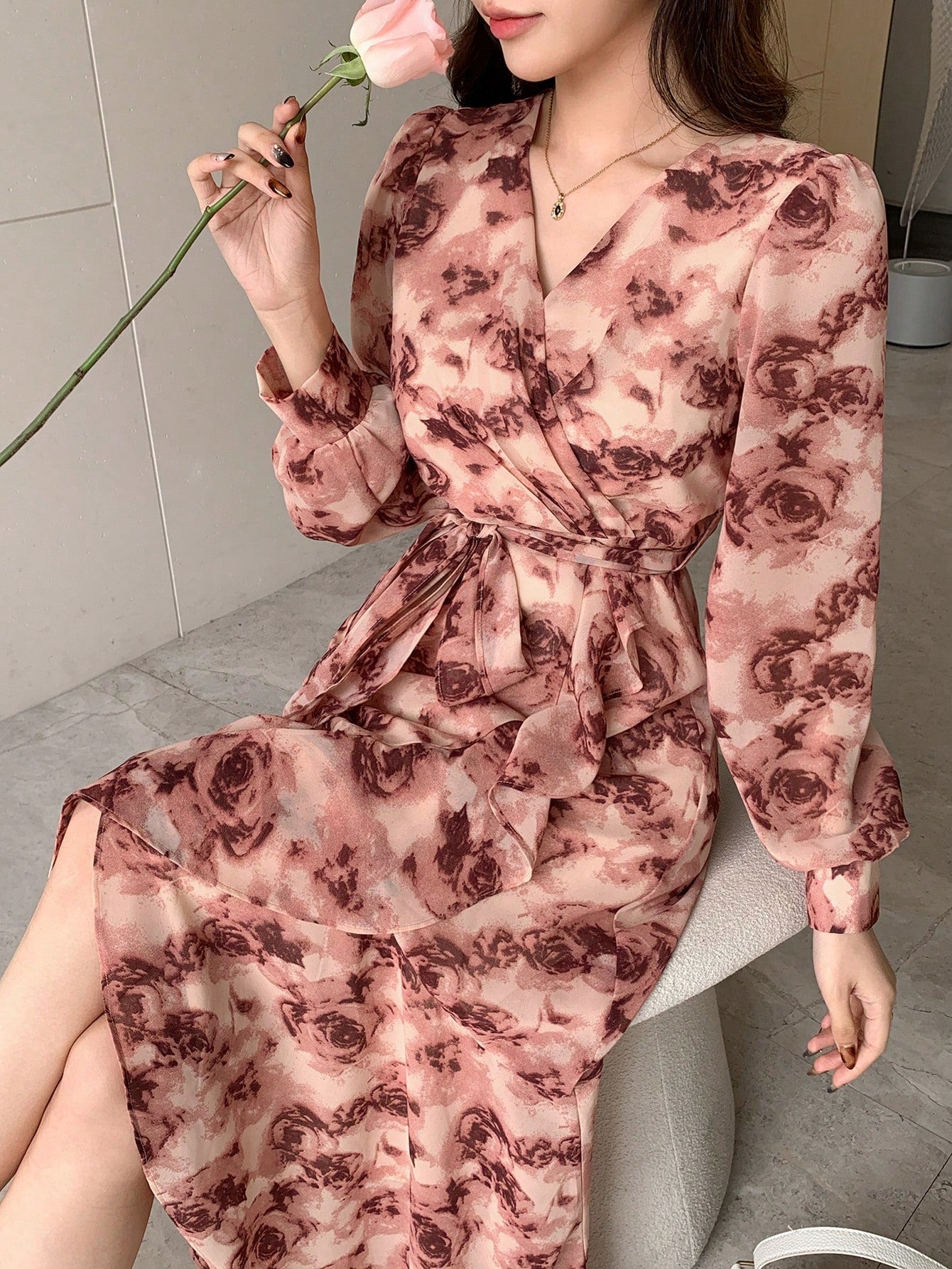 Dusty Pink Floral Slit Midi Dress with Korean Fashion Style