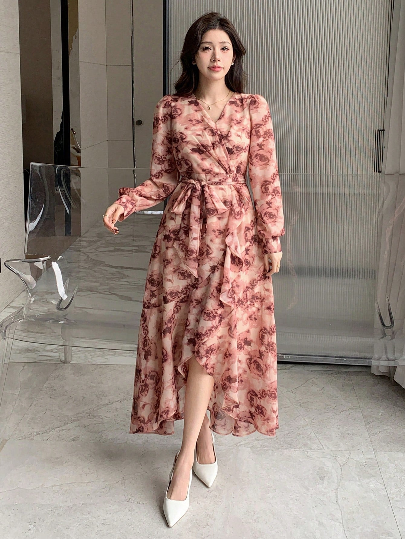 Dusty Pink Floral Slit Midi Dress with Korean Fashion Style
