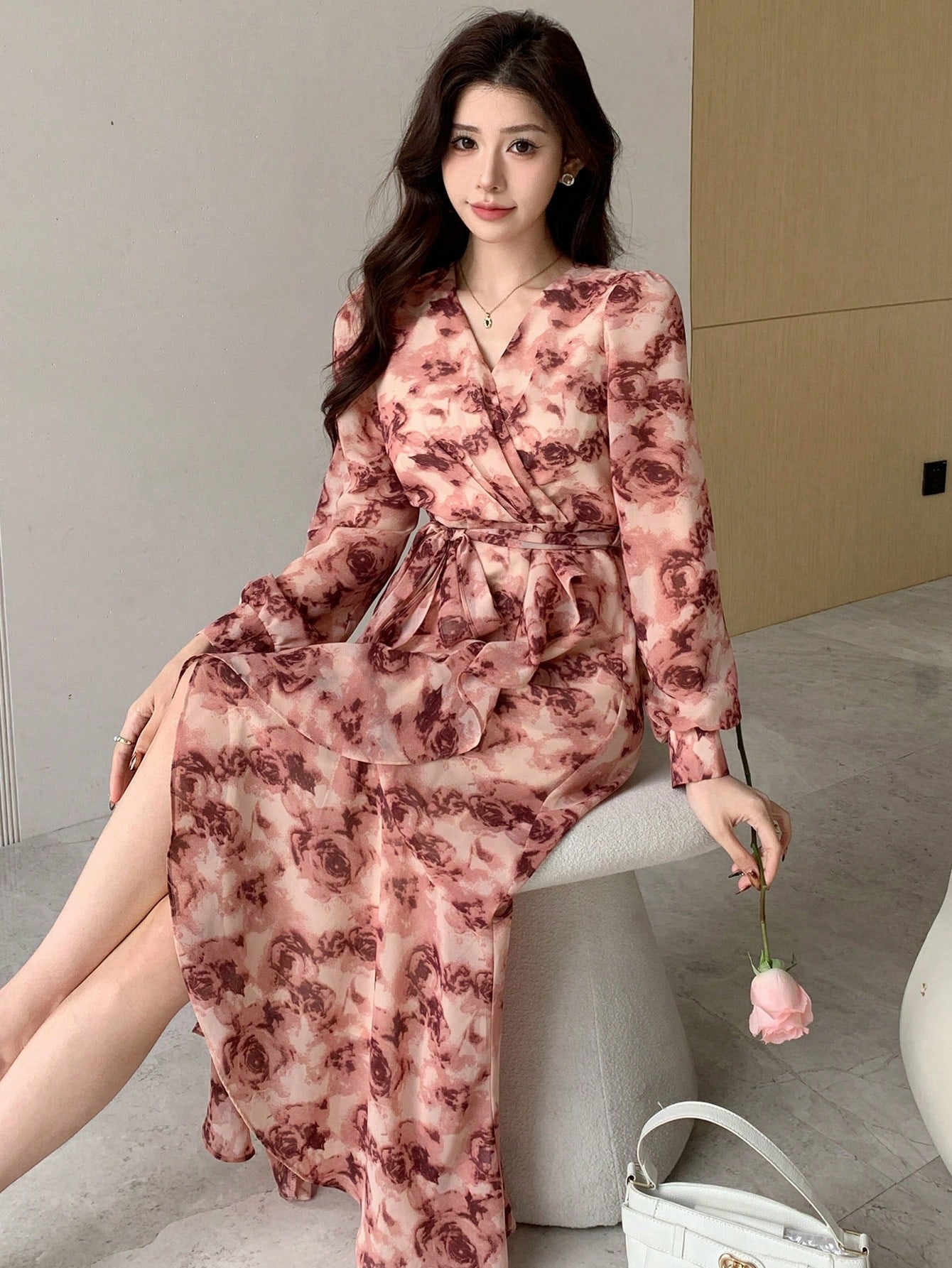 Dusty Pink Floral Slit Midi Dress with Korean Fashion Style