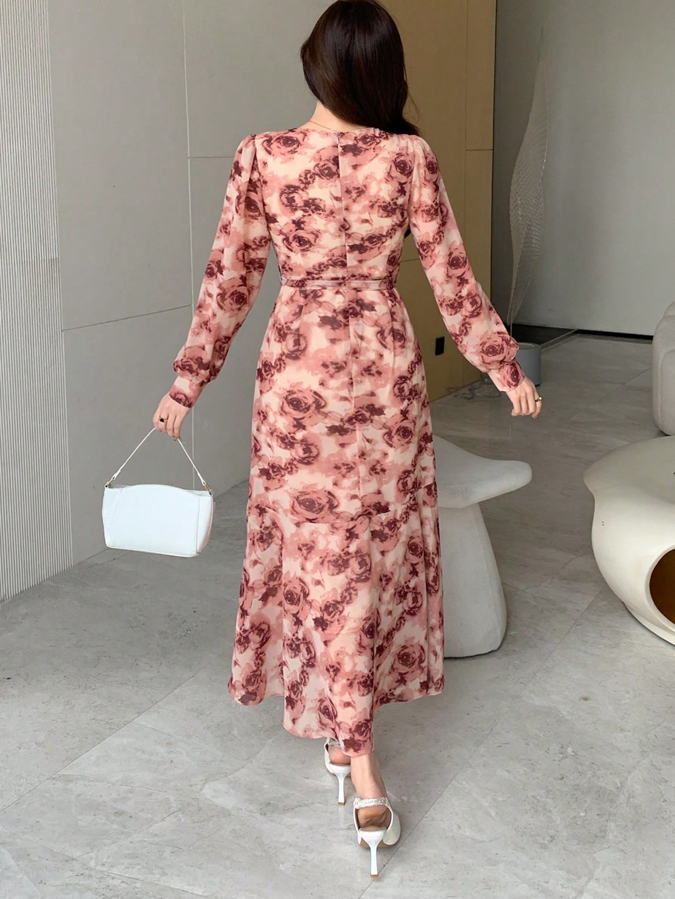Dusty Pink Floral Slit Midi Dress with Korean Fashion Style