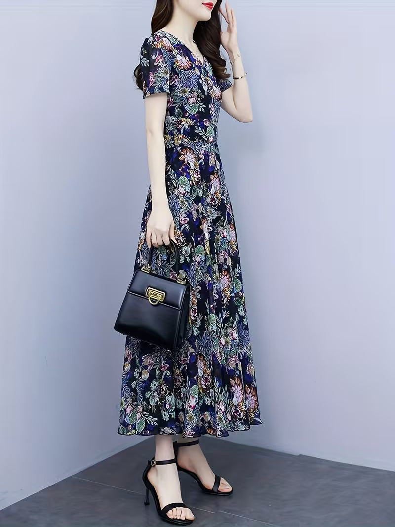 Elegant Navy Blue Botanical Floral  Dress - Fit and Flare