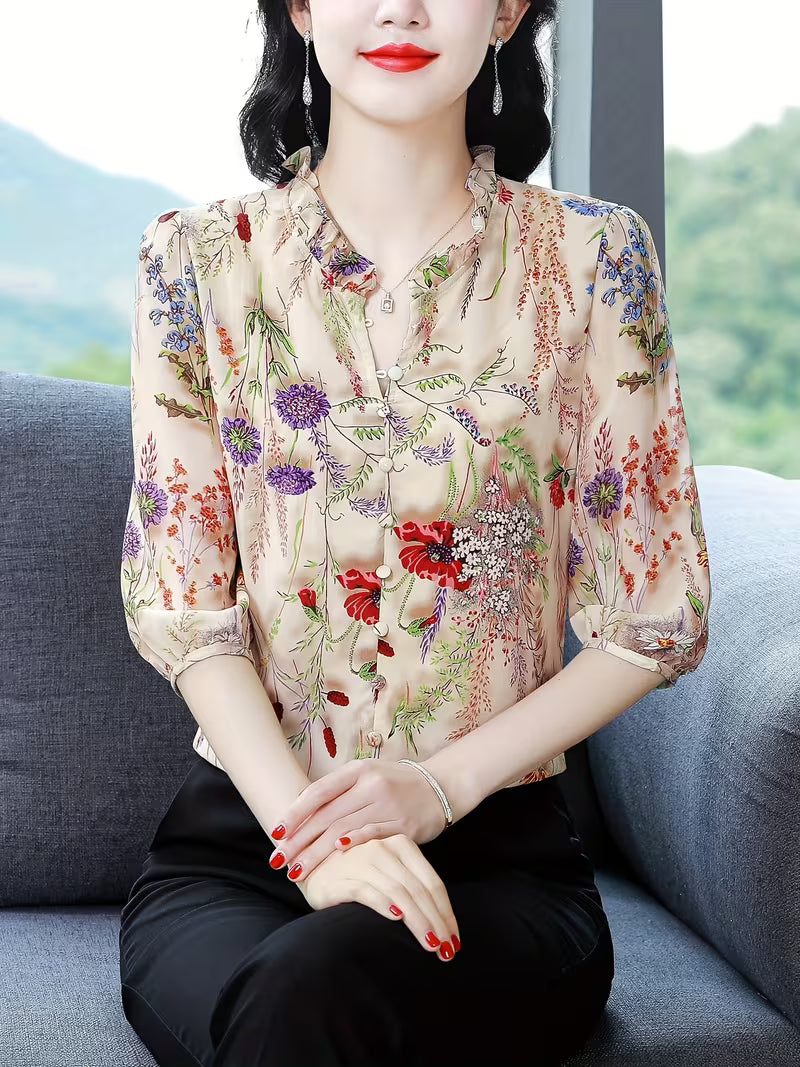 Champagne Silk-Satin Botanical Print Shirt – Vintage Ruffle Collar Edition