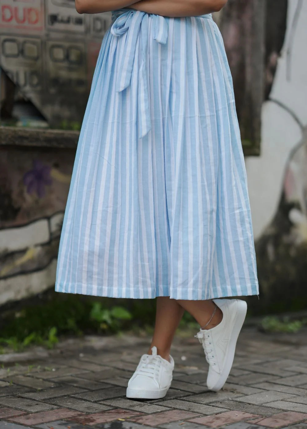 Women's Sky Blue Sea Side Striped Aline Dress