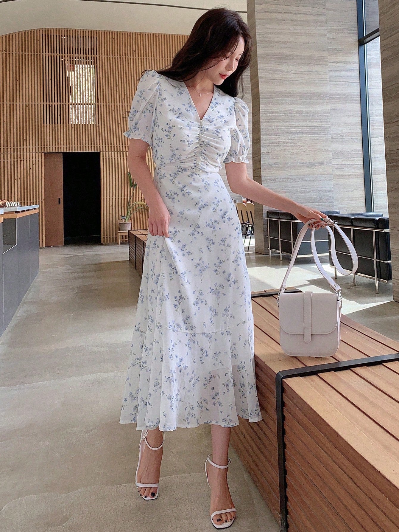 Blue Blossom Ruched Midi Dress