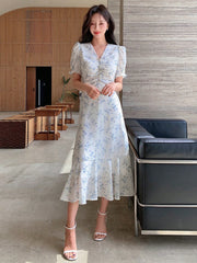 Blue Blossom Ruched Midi Dress