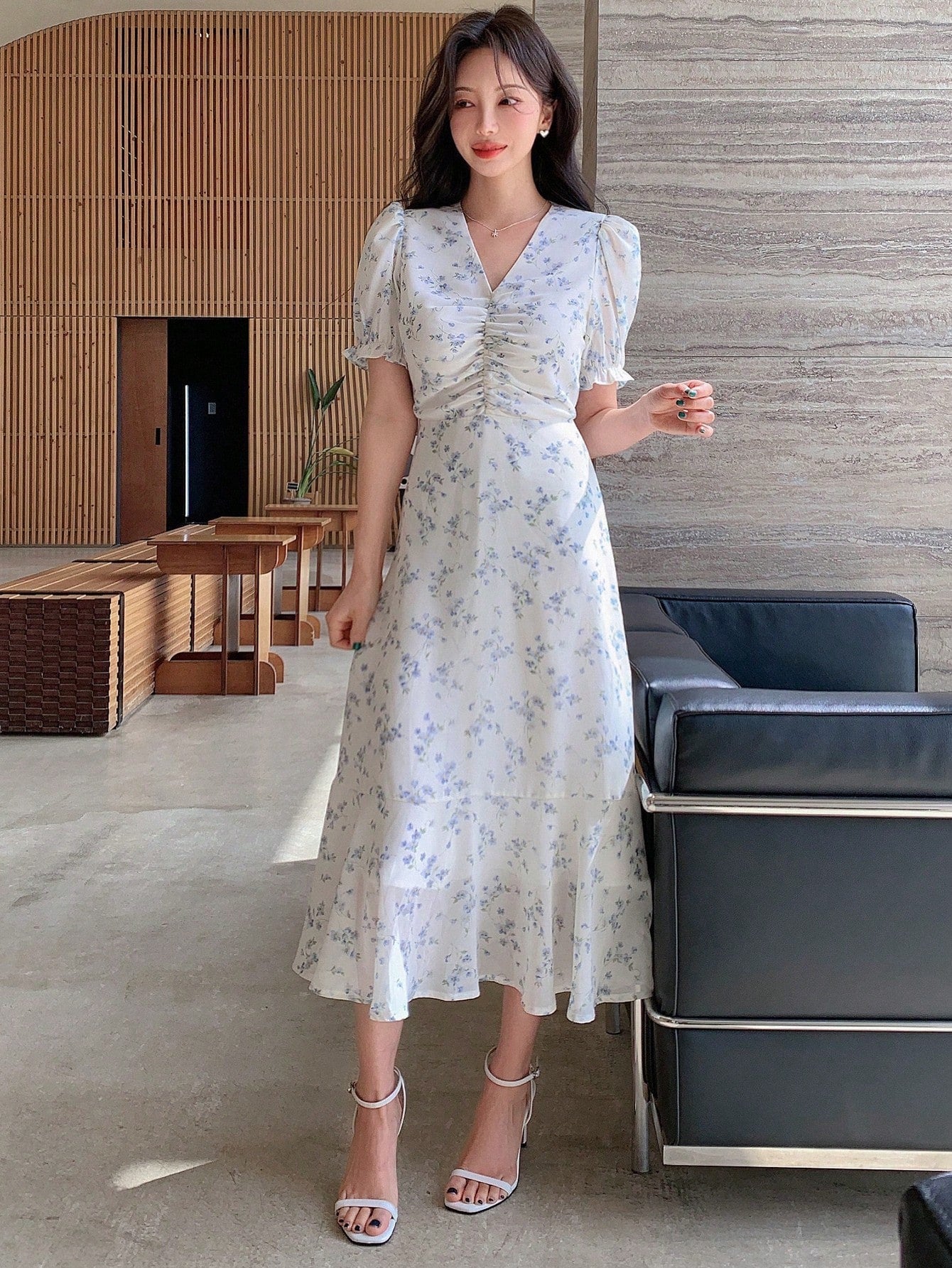 Blue Blossom Ruched Midi Dress