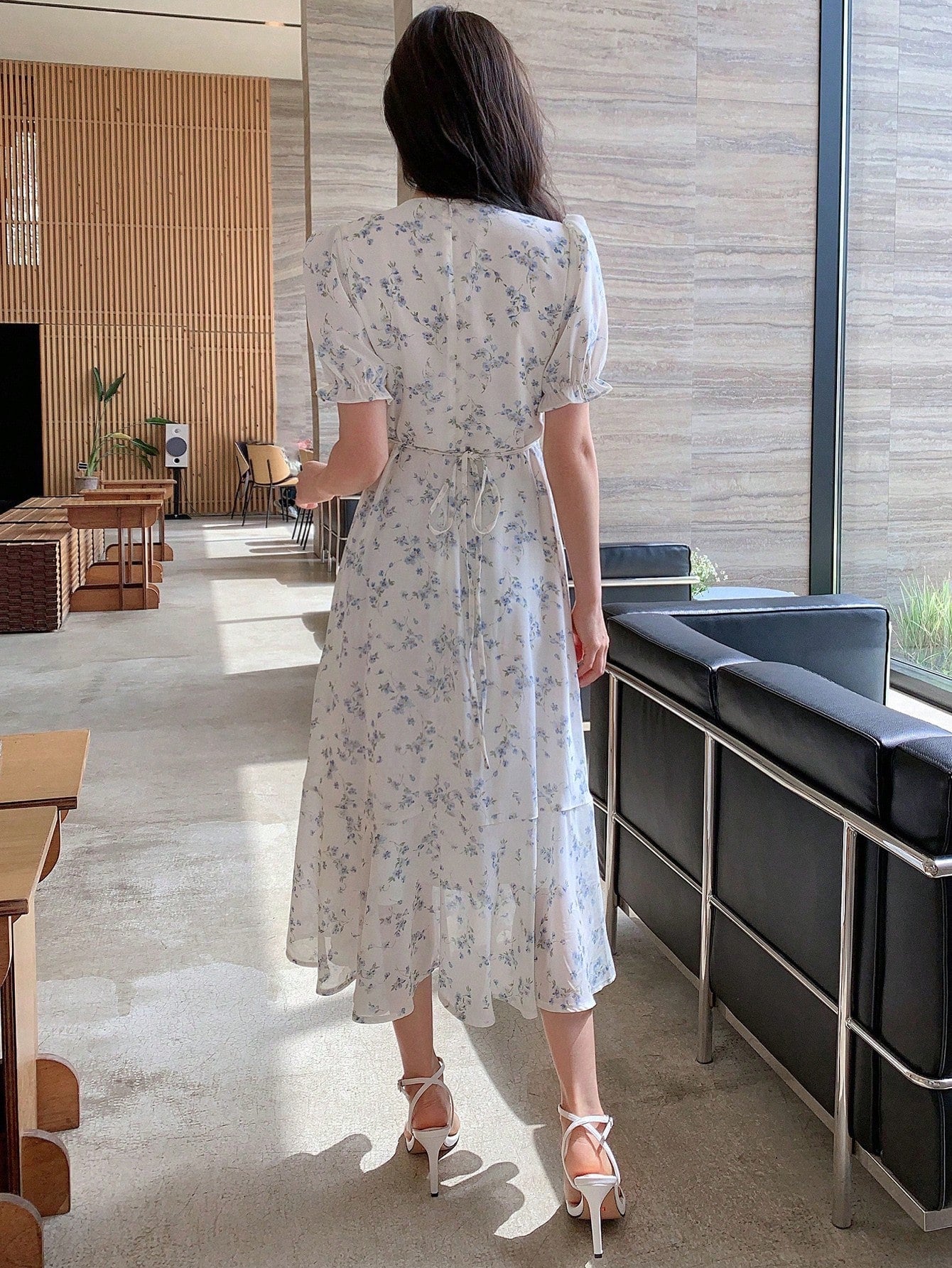 Blue Blossom Ruched Midi Dress