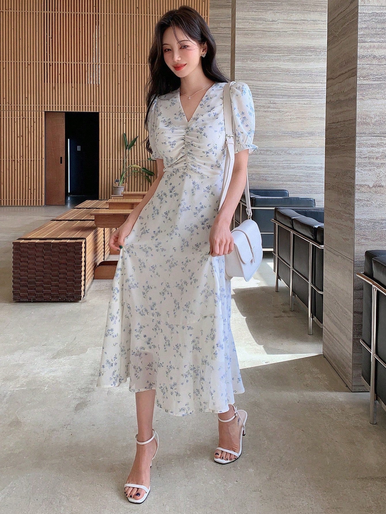 Blue Blossom Ruched Midi Dress