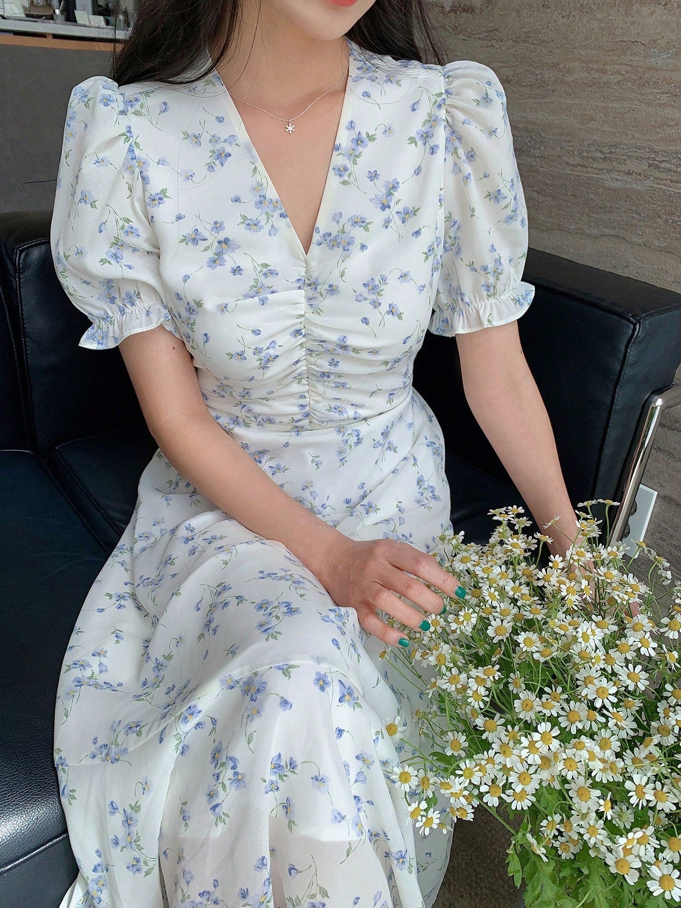 Blue Blossom Ruched Midi Dress