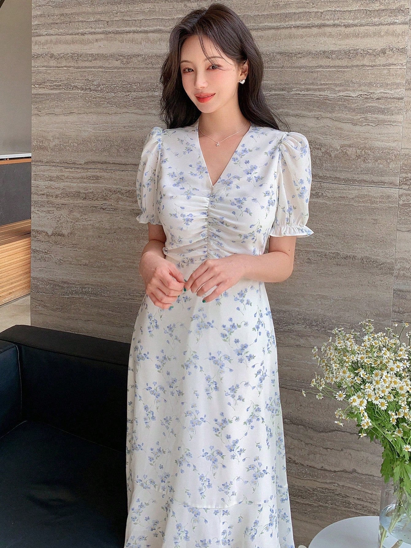 Blue Blossom Ruched Midi Dress