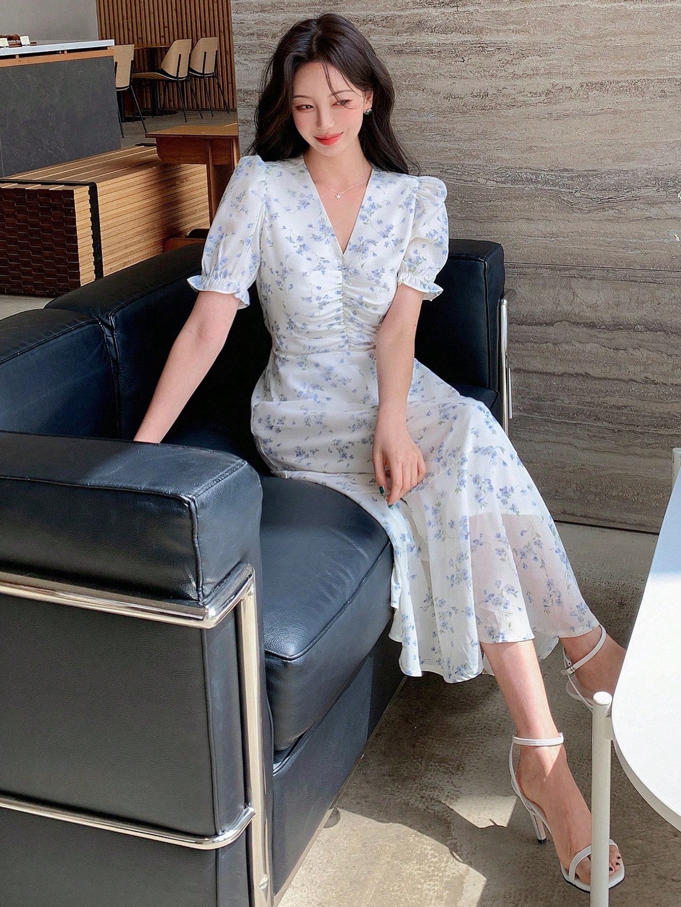 Blue Blossom Ruched Midi Dress