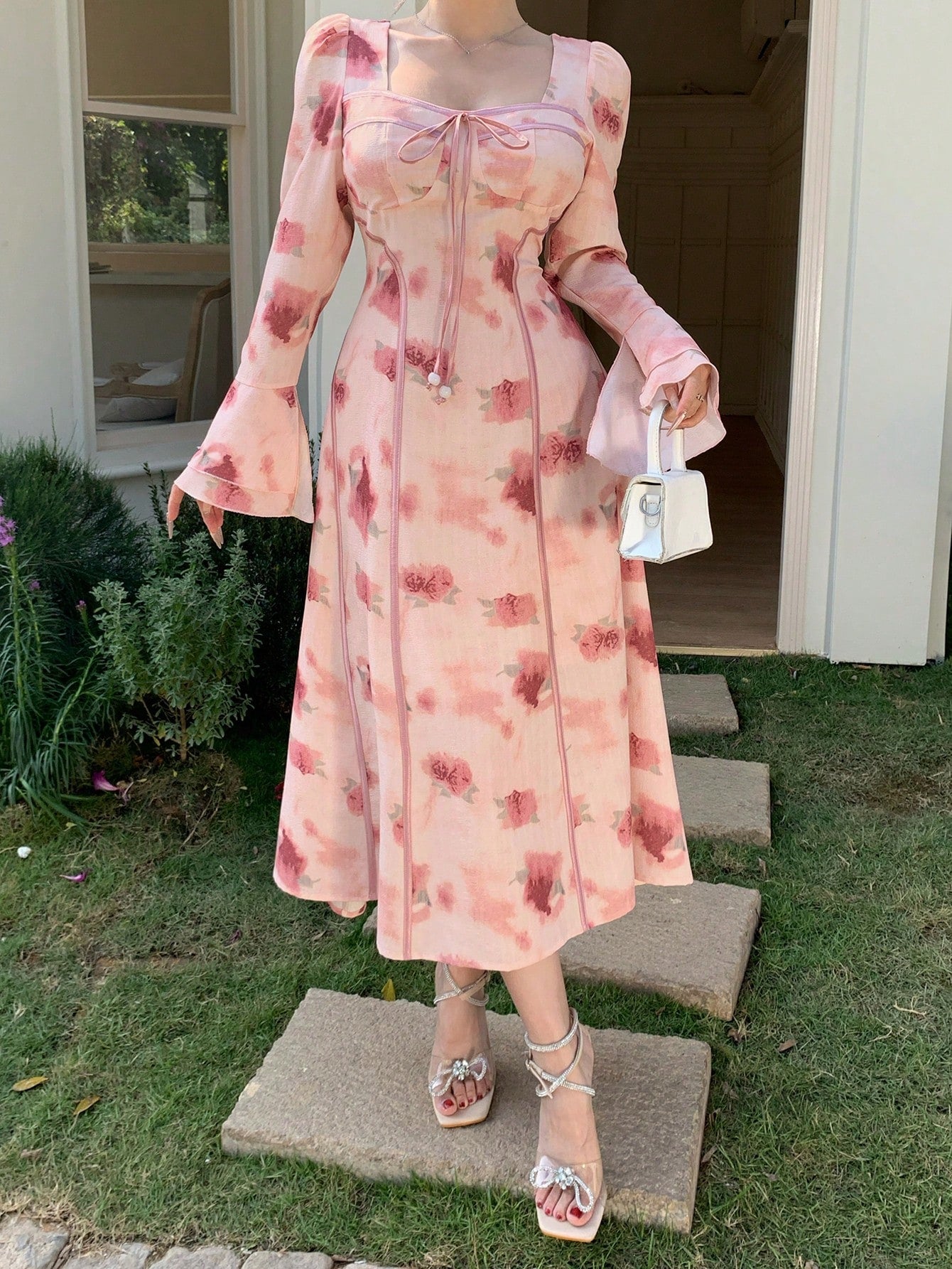 Pink Floral Long Dress with Romantic Soft Girl Aesthetic