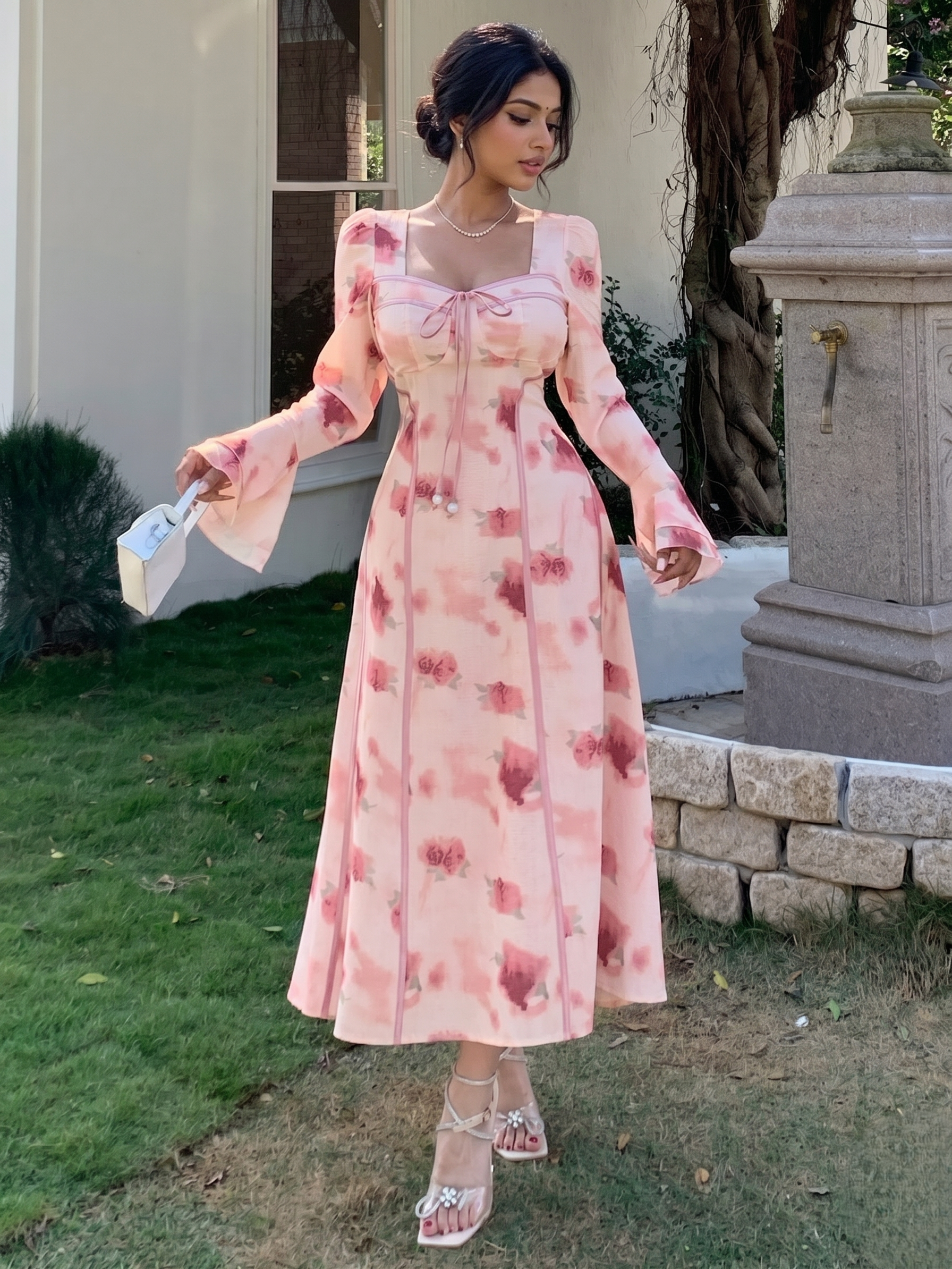 Pink Floral Long Dress with Romantic Soft Girl Aesthetic