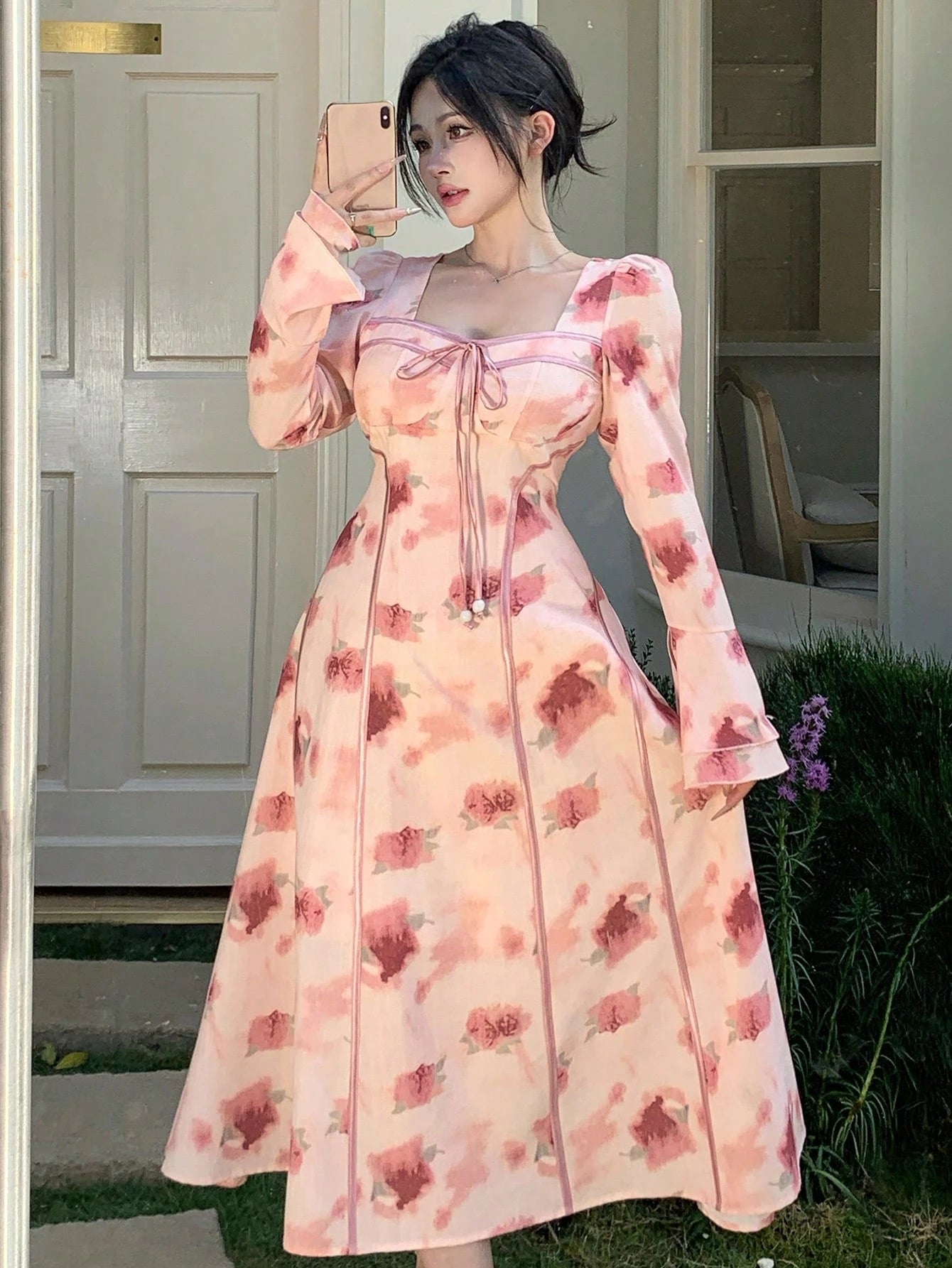 Pink Floral Long Dress with Romantic Soft Girl Aesthetic