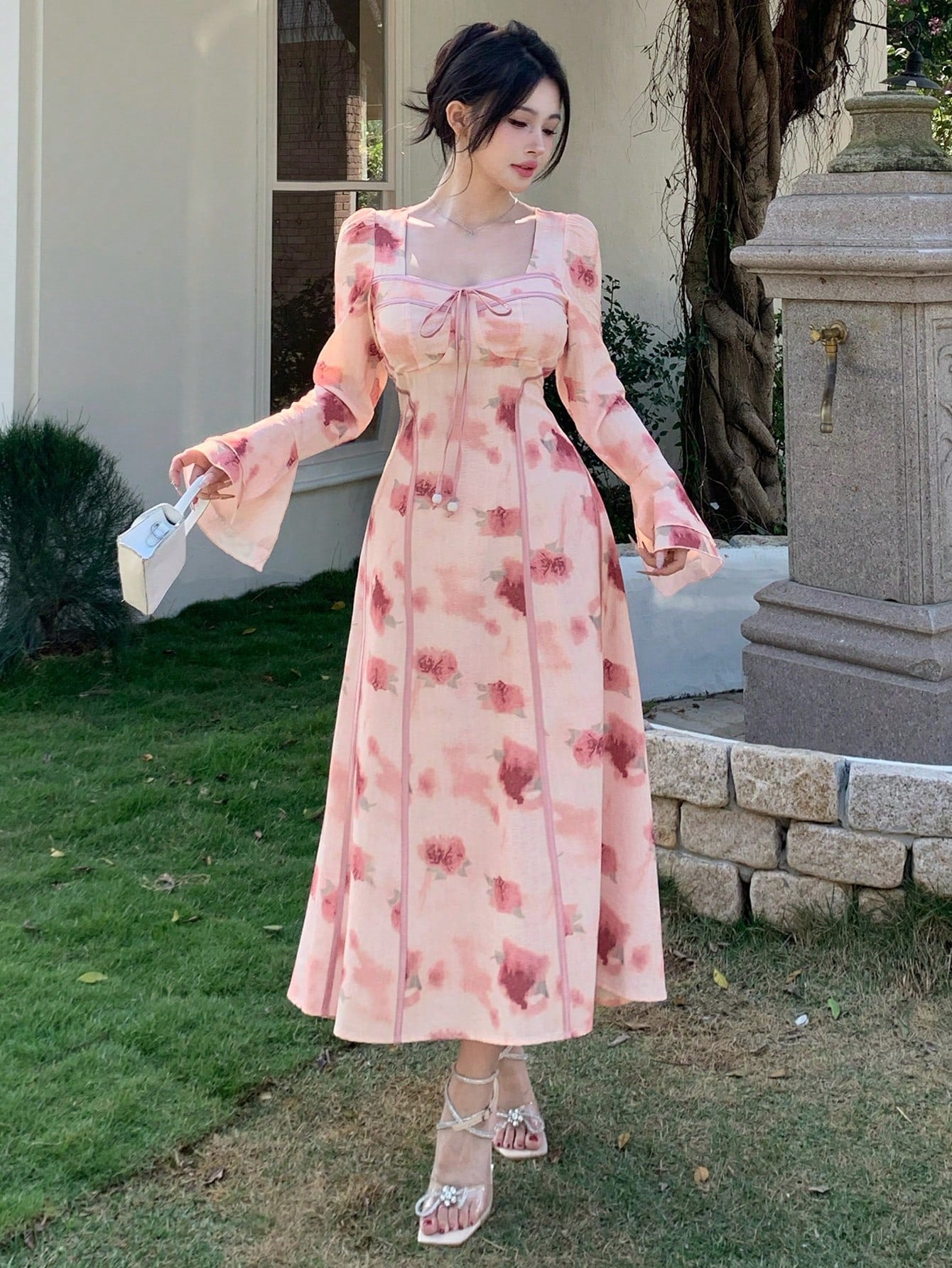 Pink Floral Long Dress with Romantic Soft Girl Aesthetic