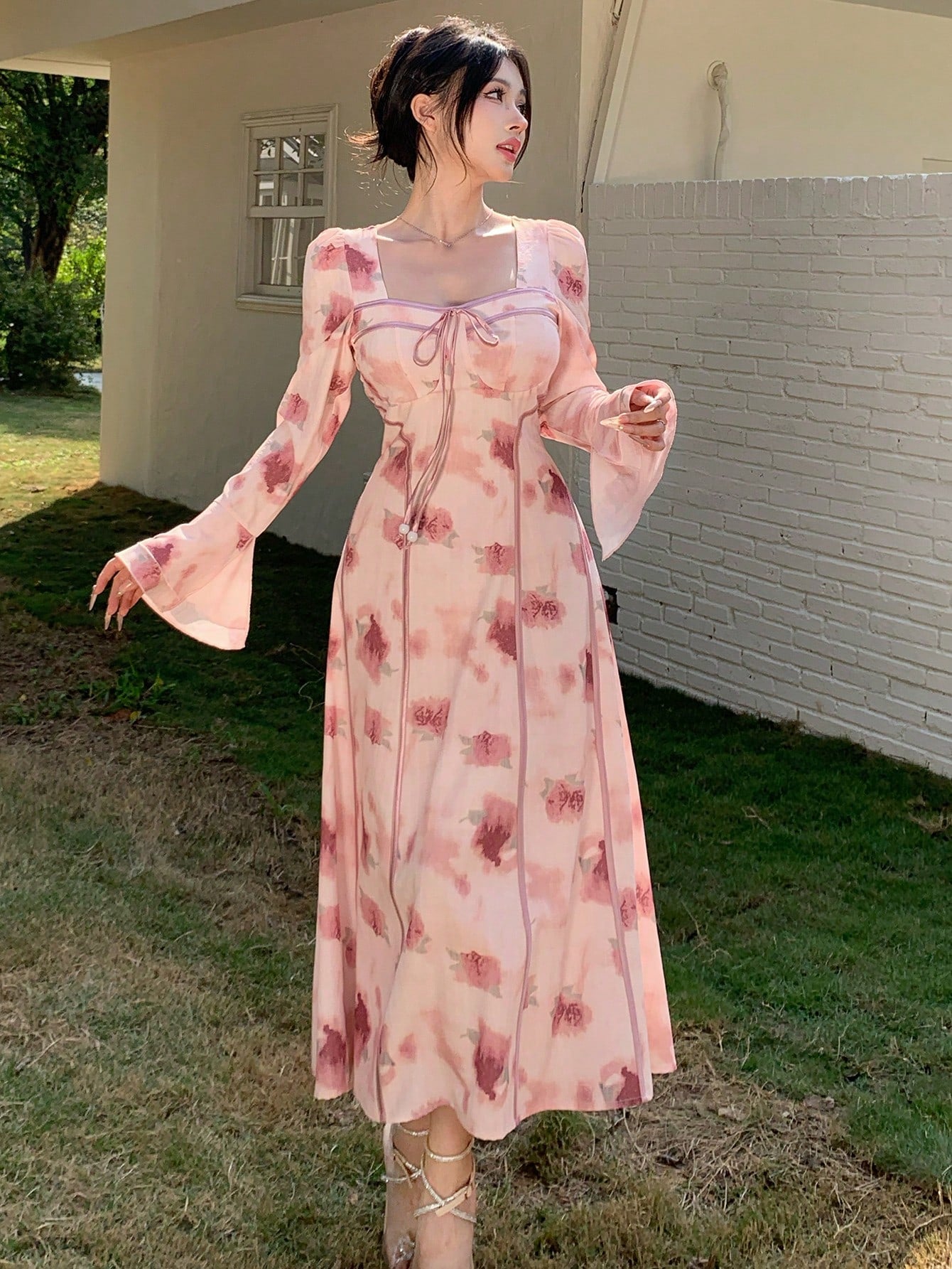 Pink Floral Long Dress with Romantic Soft Girl Aesthetic