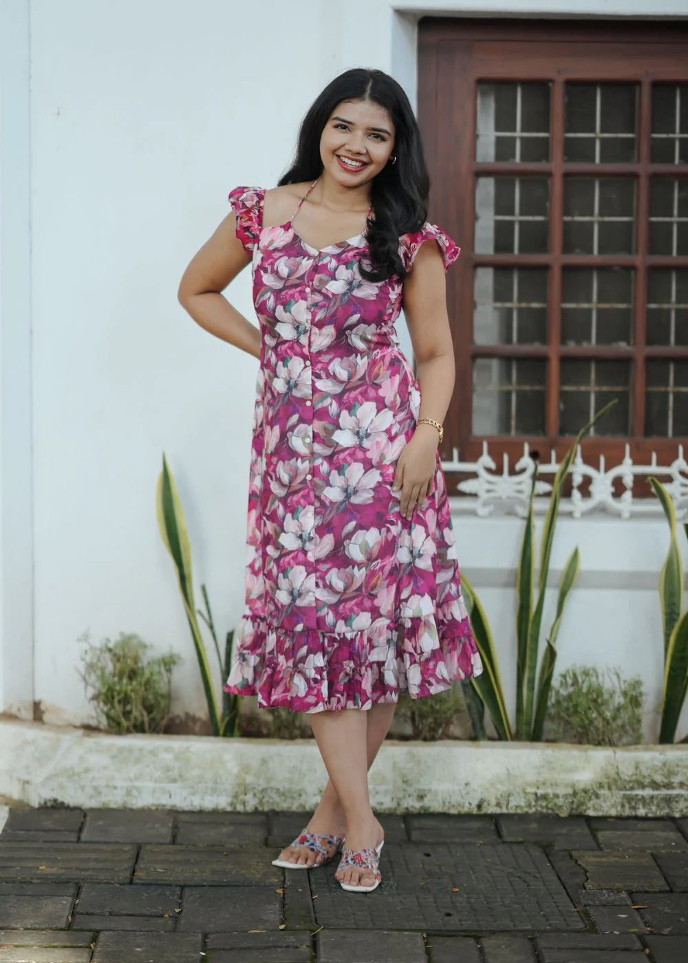 A beautiful pink &amp; multicolor floral print dress