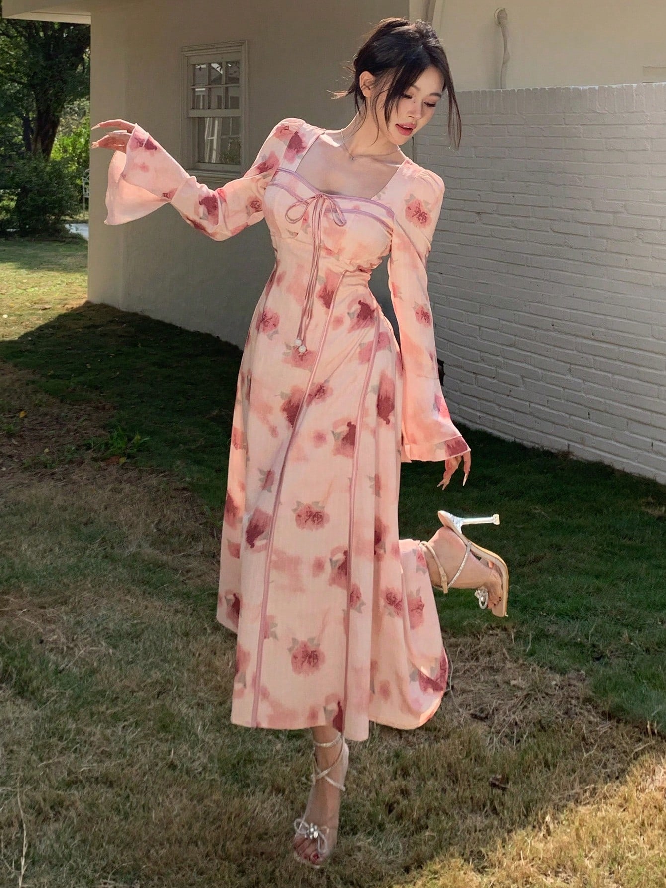 Pink Floral Long Dress with Romantic Soft Girl Aesthetic