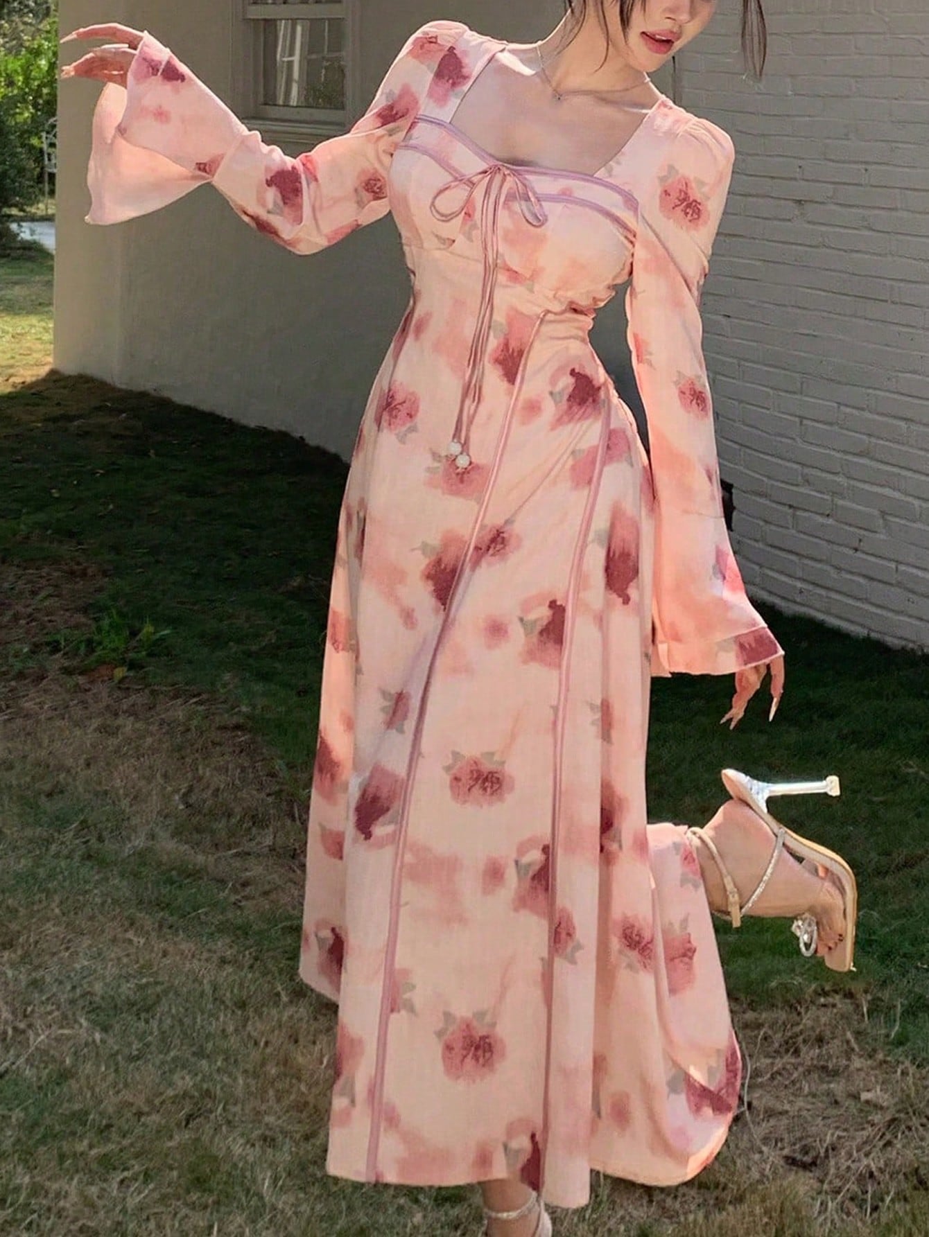 Pink Floral Long Dress with Romantic Soft Girl Aesthetic