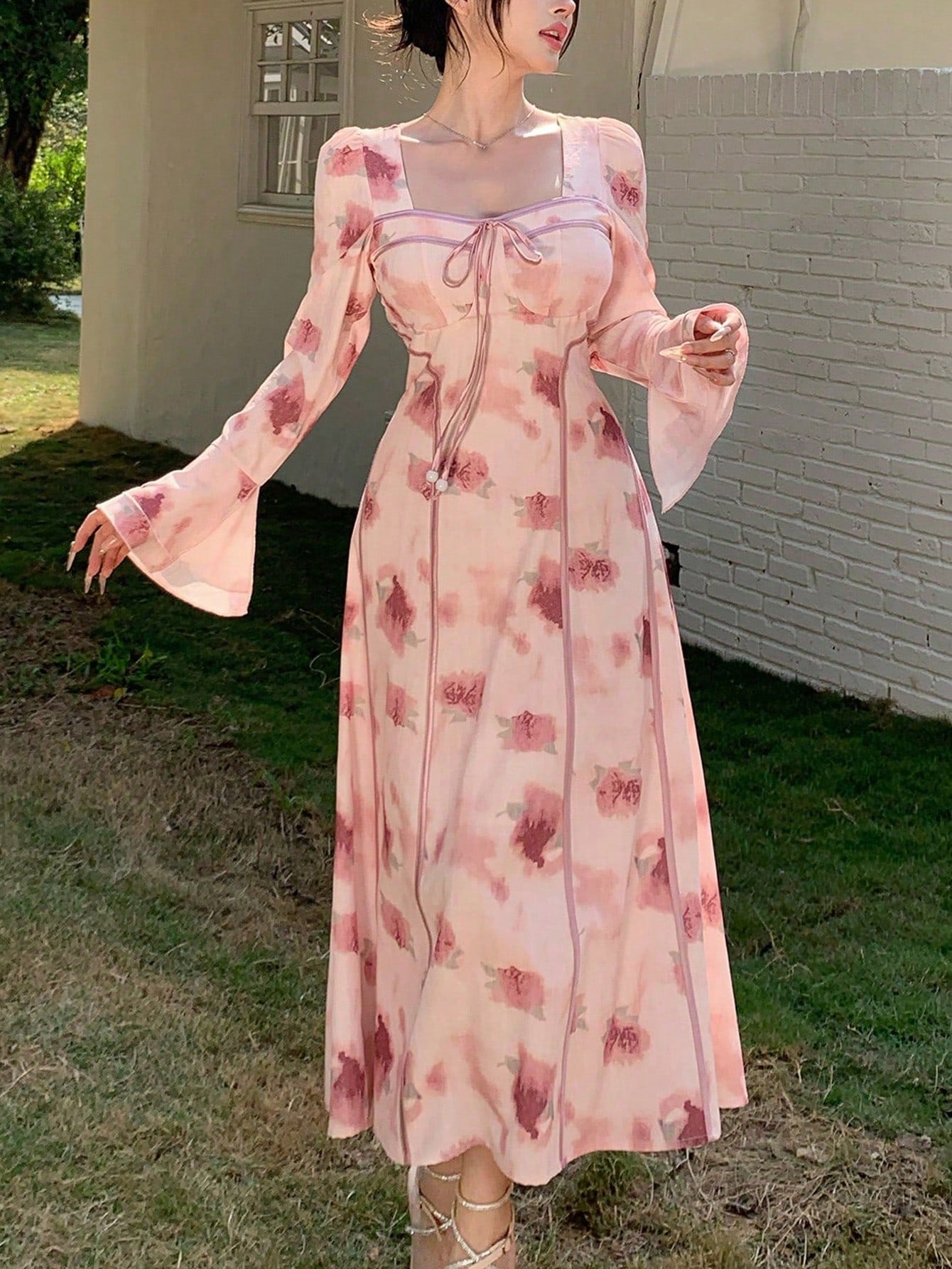 Pink Floral Long Dress with Romantic Soft Girl Aesthetic