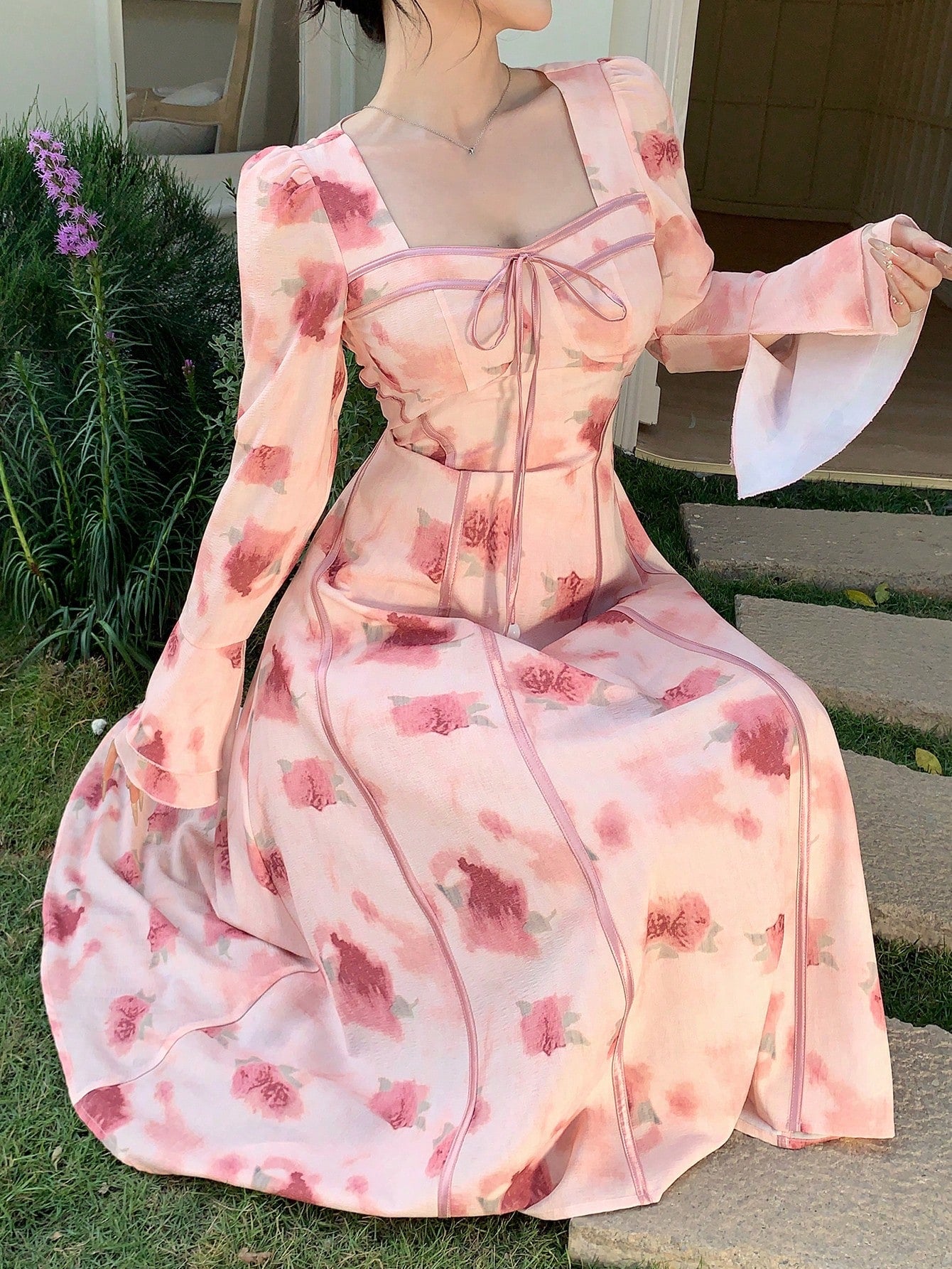 Pink Floral Long Dress with Romantic Soft Girl Aesthetic
