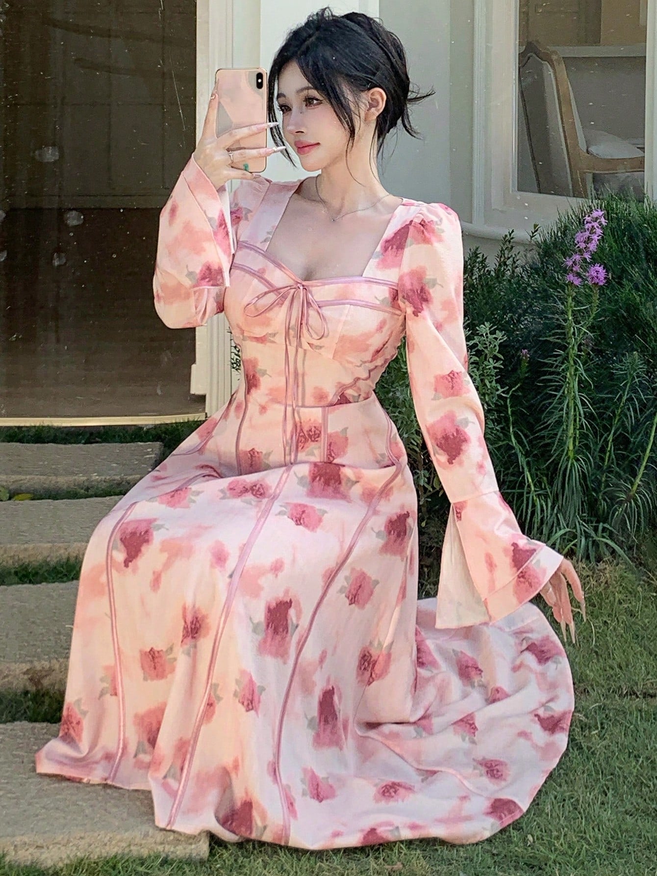 Pink Floral Long Dress with Romantic Soft Girl Aesthetic