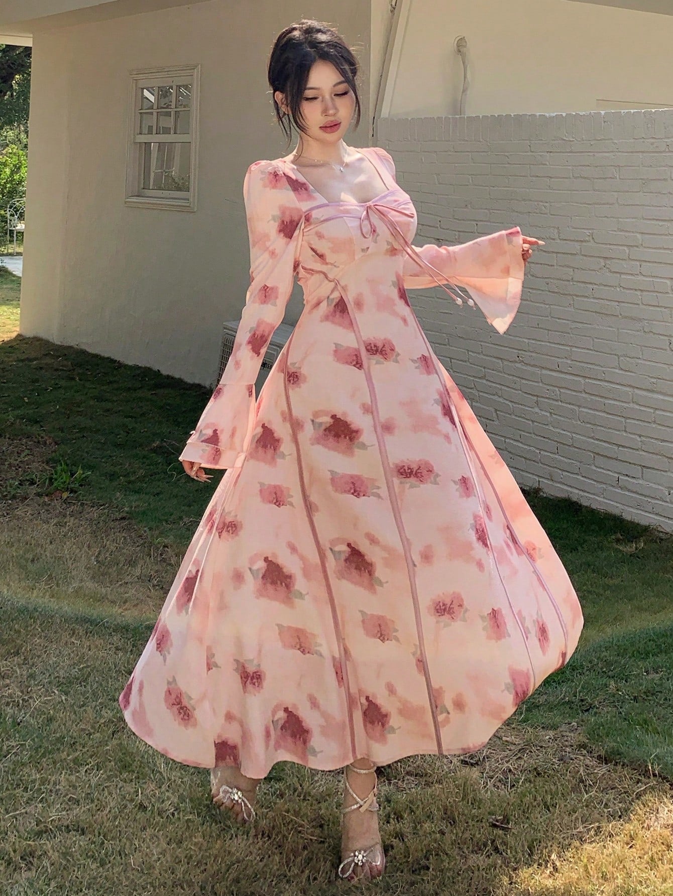 Pink Floral Long Dress with Romantic Soft Girl Aesthetic