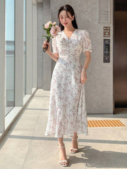 Ivory White Floral Puff Sleeve Midi Dress