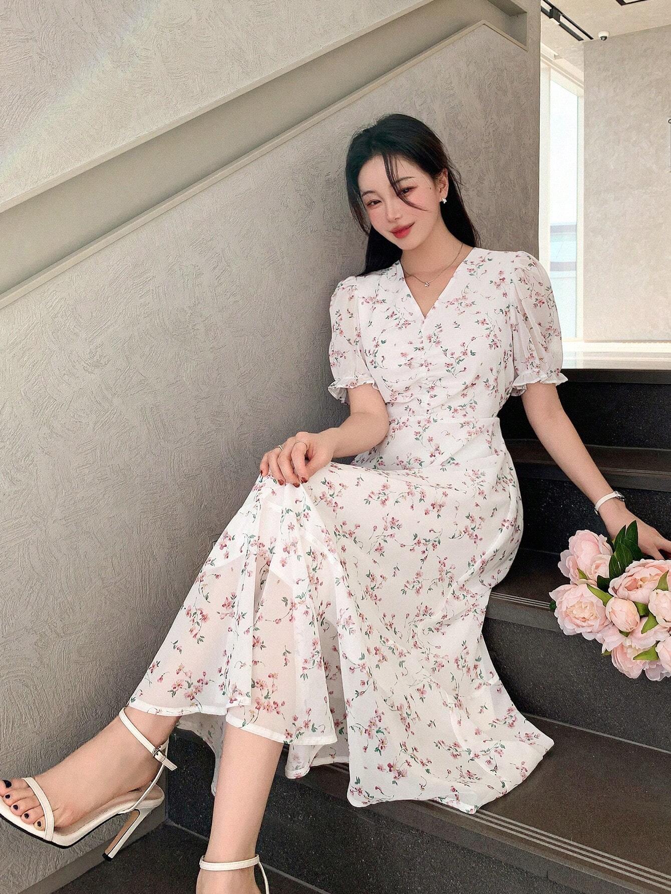 Ivory White Floral Puff Sleeve Midi Dress