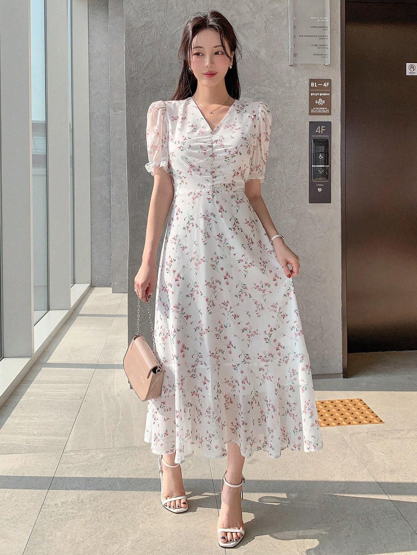 Ivory White Floral Puff Sleeve Midi Dress