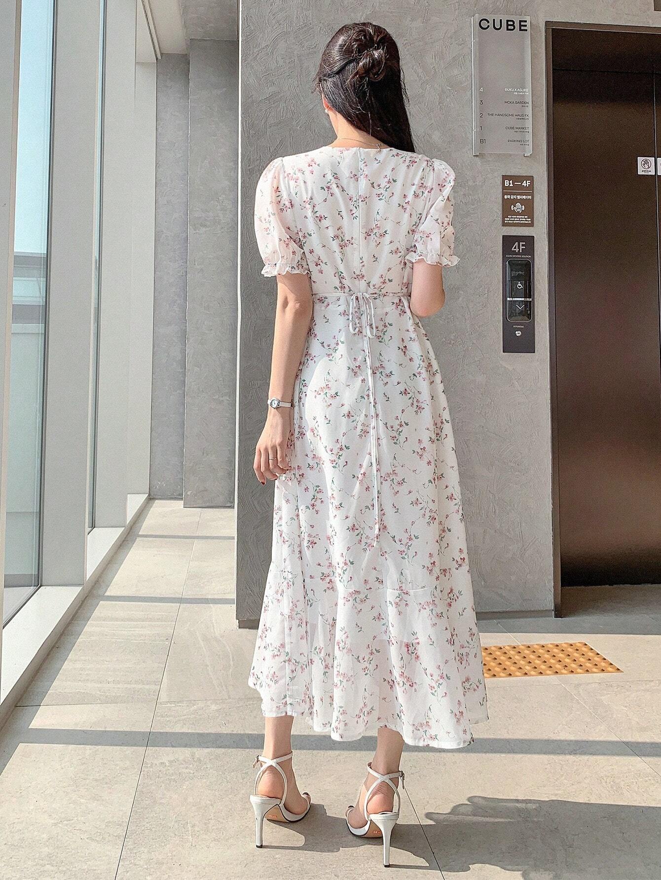 Ivory White Floral Puff Sleeve Midi Dress