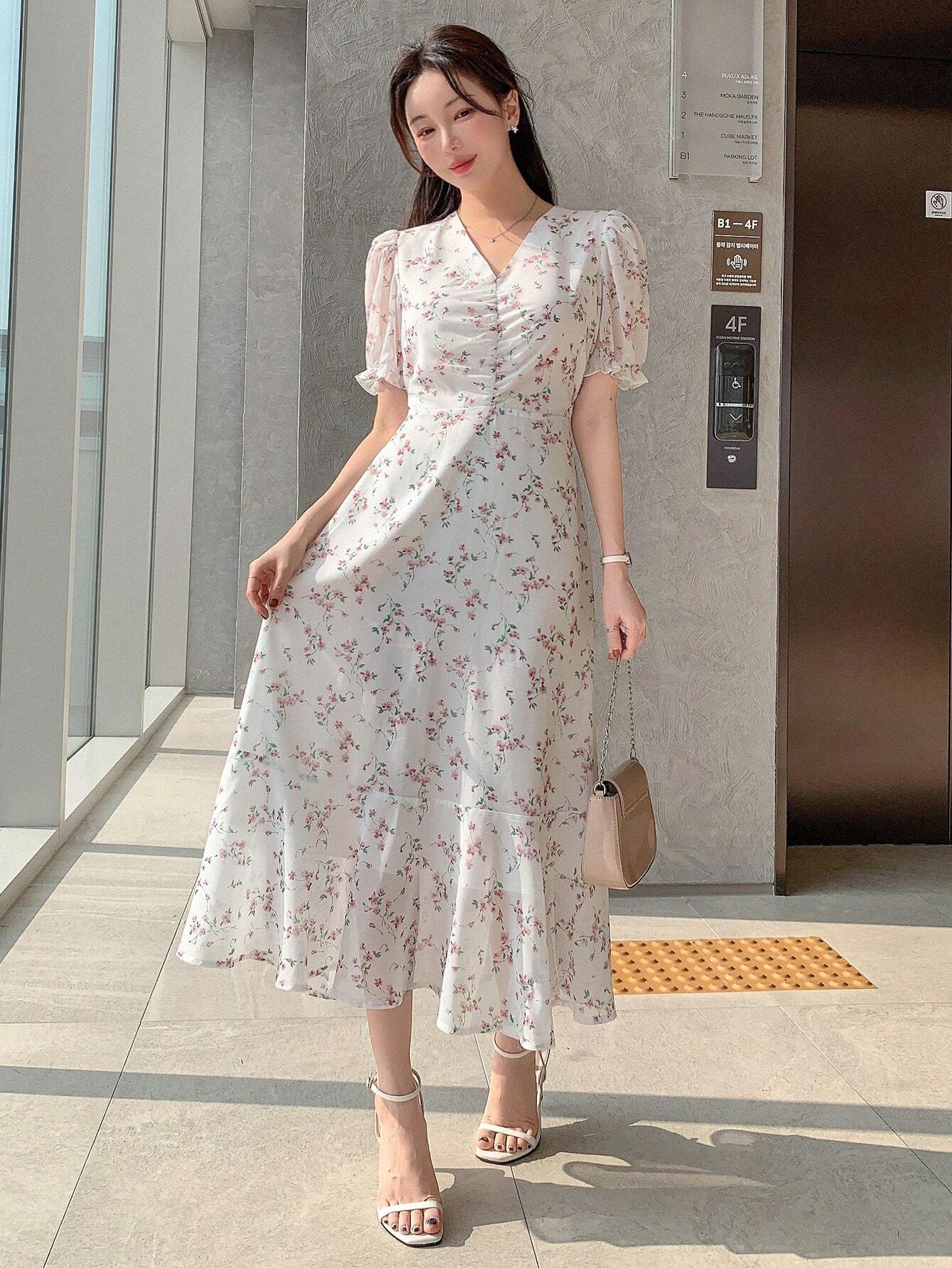 Ivory White Floral Puff Sleeve Midi Dress