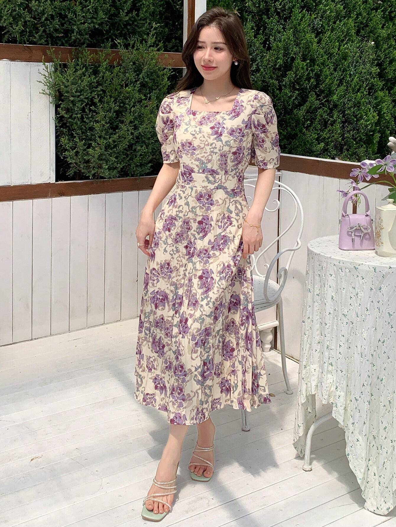 Flare Cream base with Purple & Lavender Floral Print Midi Dress