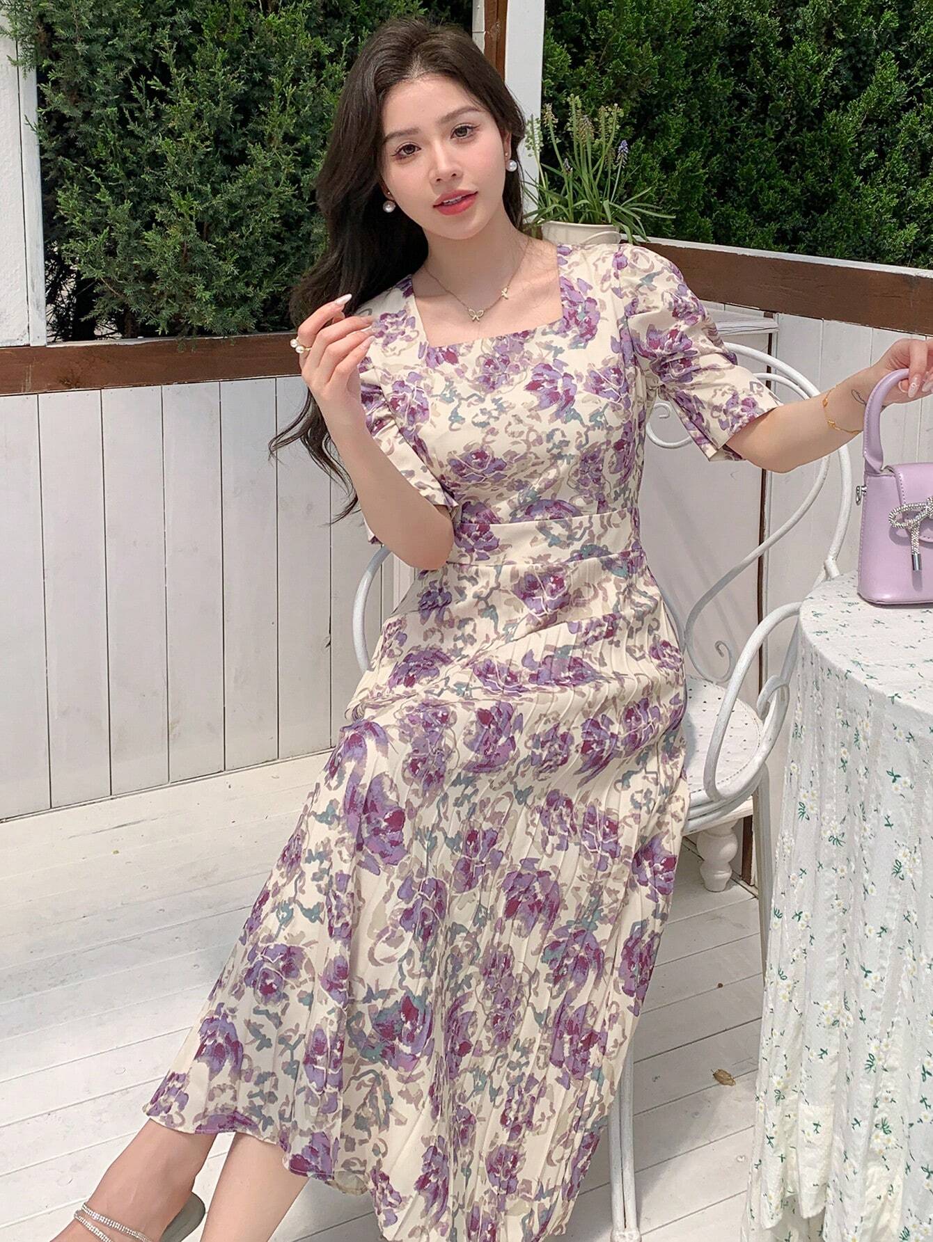 Flare Cream base with Purple & Lavender Floral Print Midi Dress
