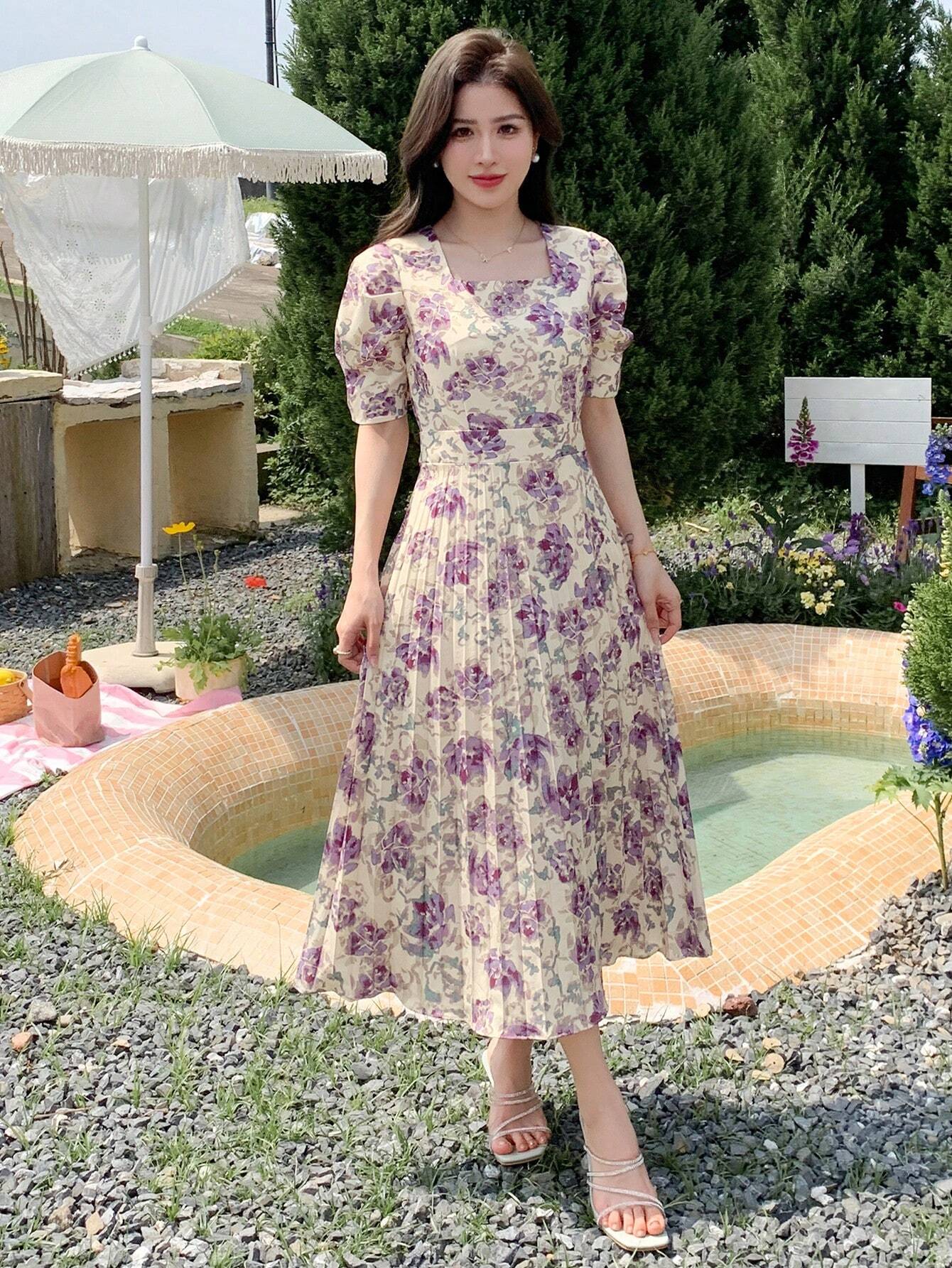Flare Cream base with Purple & Lavender Floral Print Midi Dress Cream / georgette / 2XL