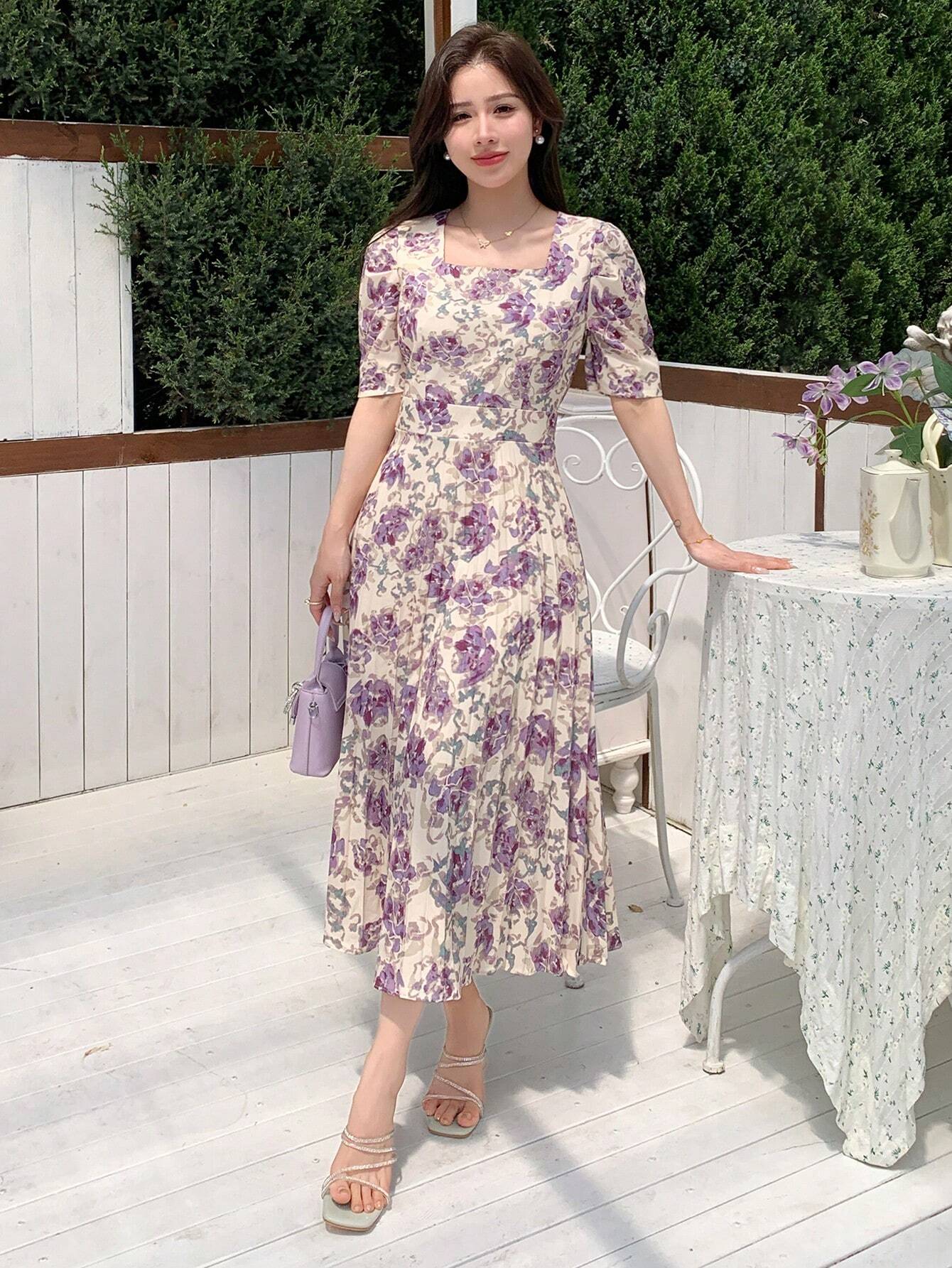 Flare Cream base with Purple & Lavender Floral Print Midi Dress