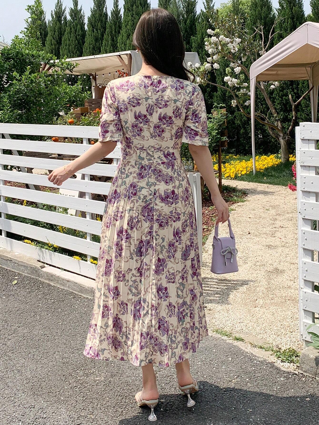 Flare Cream base with Purple & Lavender Floral Print Midi Dress