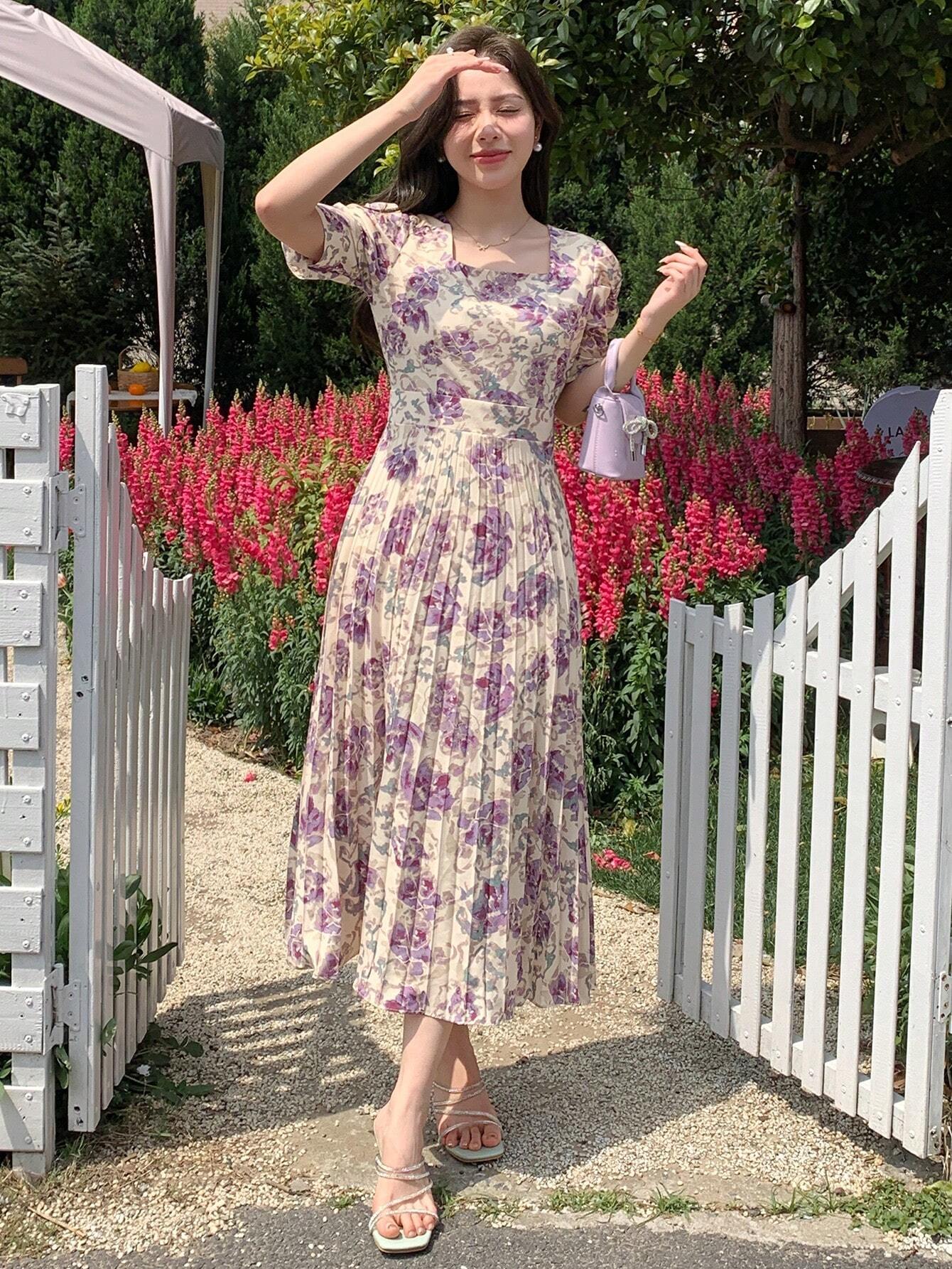 Flare Cream base with Purple & Lavender Floral Print Midi Dress